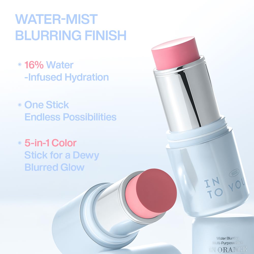 INTO YOU Cream Blush Stick Water Blurring, 5 in 1 Multi-purpose Makeup Balm Stick, Hydrating Blush Tint for Cheeks & Eyes, Lightweight, Long Wearing, Easy to Apply & Blend, BS04